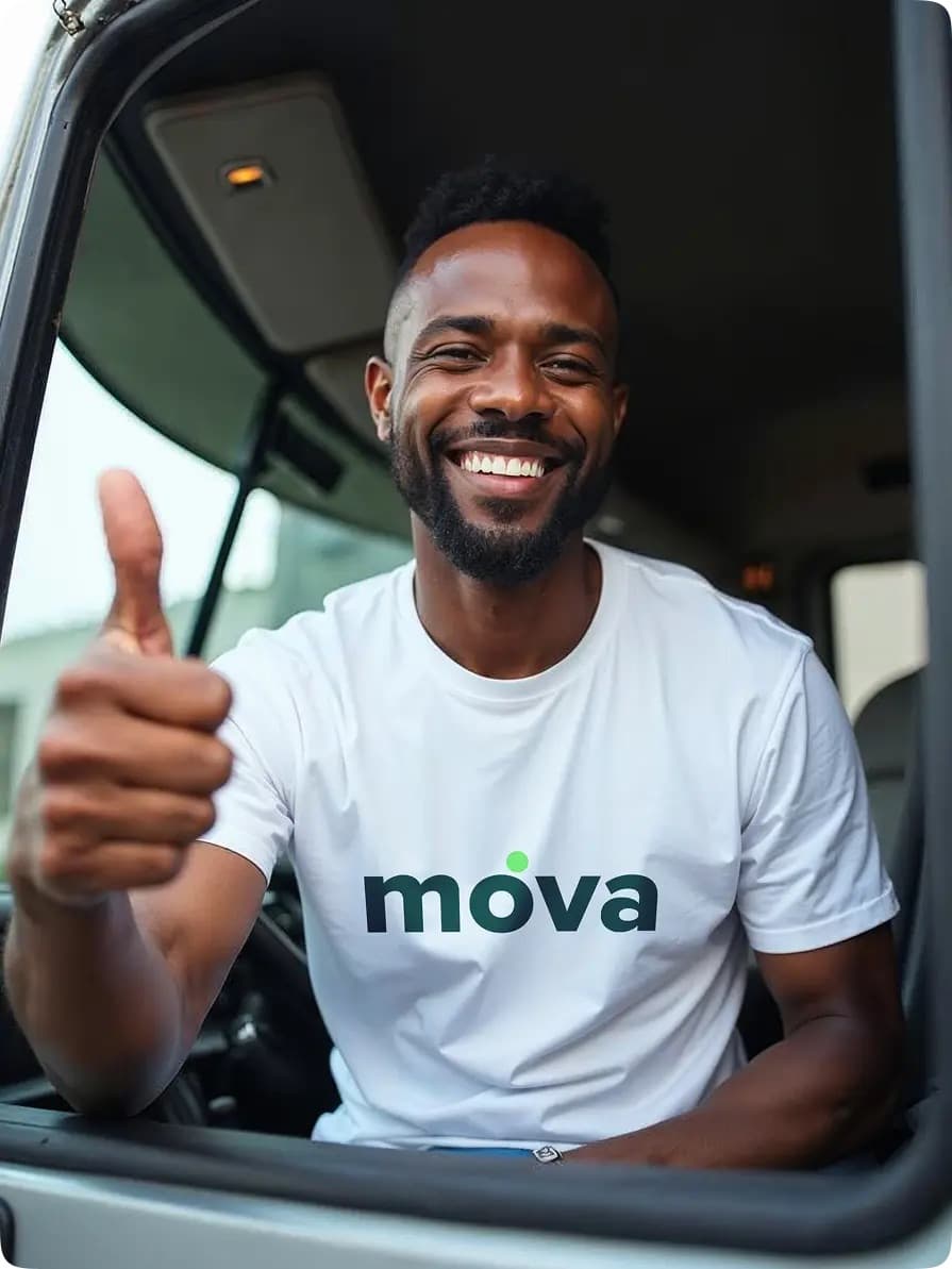 A Mova driver giving a thumbs up from his truck
